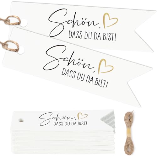 MEJOSER 50 Stück Schön dass Du Da Bist Anhänger Hochzeit Geschenkanhänger Geburtstag Weihnachten JGA Taufe Gastgeschenke Etiketten Tags Label mit Schnur Herz von MEJOSER