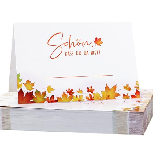 MEJOSER 50 Stück Tischkarten Herbst Herbstdeko Tisch Schön dass Du Da Bist Hochzeit Blätter Platzkarten Namenskarten Tischdeko für Halloween Erntedankfest Thanksgiving, Ahornblätter Motive von MEJOSER