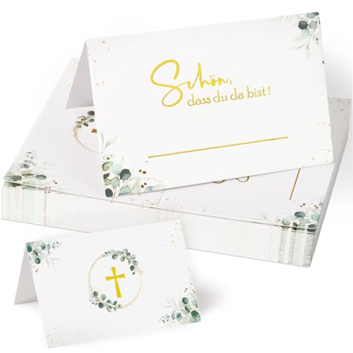 MEJOSER 50 Stück Tischkarten Kommunion Taufe Konfirmation Tischdeko Hochzeit Namensschilder Mädchen Junge Eukalyptus Schön dass du da bist Platzkarten Namenskarten zum Beschriften Party Deko Grün von MEJOSER