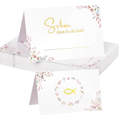 MEJOSER 50 Stück Tischkarten Kommunion Taufe Konfirmation Tischdeko Namensschilder Mädchen Schön dass du da bist Platzkarten Namenskarten zum Beschriften Hochzeit Party Deko Tischkärtchen Geburtstag von MEJOSER