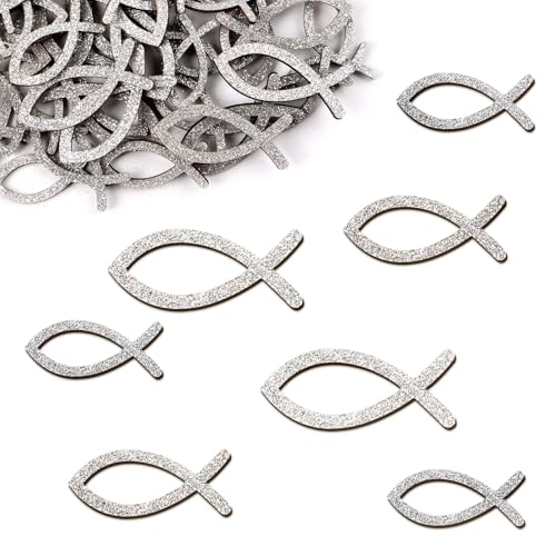 MEJOSER 60 Stück Holz Kommunion Deko 5/4/3.5cm mit Glitzer Konfirmation Taufe Tischdeko Konfetti Fische Holzfisch Deko Streudeko Erstkommunion Deko für Junge Mädchen Glitzer Silber mit Box (Silber) von MEJOSER