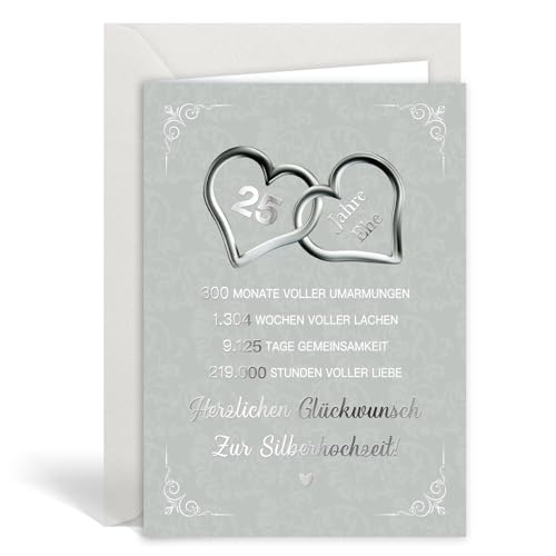 MEJOSER Silberhochzeit Karte 12x18cm Geschenk mit Umschlag Silberne Hochzeit Klappkarte 25 Jahre Geschenke Hochzeitstag Deko für Frauen Männer von MEJOSER