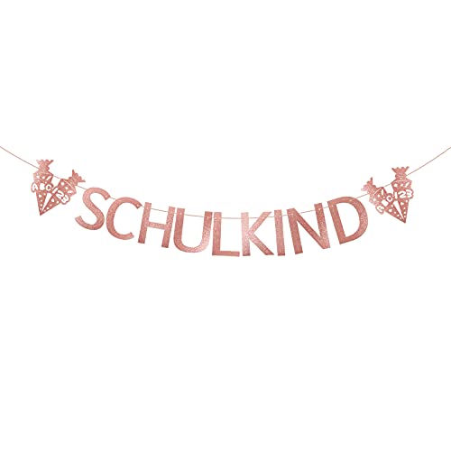 Schulkind Girlande Banner Wimpel Hänge Deko für Schuleinführung Einschulung Schulanfang DekoBanner Schule Junge Mädchen Gold mit Herzen (Glitzer Rosagold) von MEJOSER