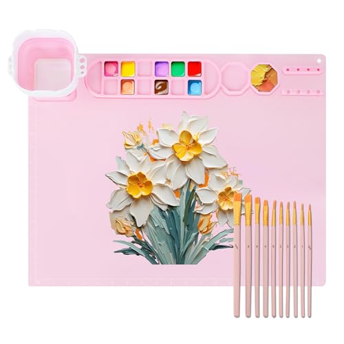 MEKOTRIN Malmatte, 50 x 40 cm, rutschfest, waschbar, Silikon-Kunstmatte mit 10 Pinseln, Reinigungsbecher-Palette (Rosa) von MEKOTRIN