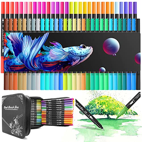 MELARQT Pinselstift-Set, 60 Farben, Dual-Tip-, Aquarell mit 8 Malvorlagen der Ocean-Serie, Filzstifte, dicke und dünne Doppelfaserstifte für Kinder und Erwachsene, Mandala-Faserspitzenstif von MELARQT