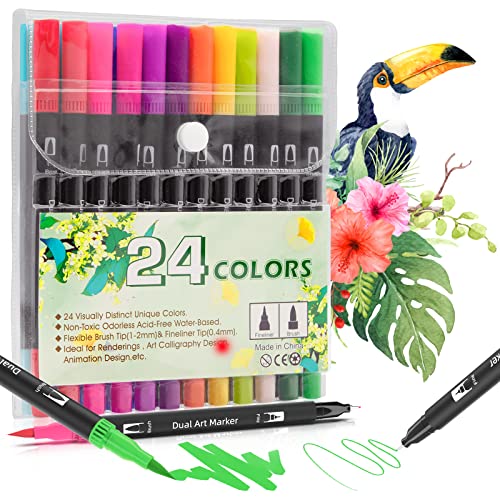 MELARQT Pinselstift-Set, 24 Farben, Dual-Tip-Pinselstifte, Aquarell mit 8 Malvorlagen der Ocean-Serie, Filzstifte, dicke und dünne Doppelfaserstifte für Kinder und Erwachsene, Mandala-Faserspitzenstif von MELARQT