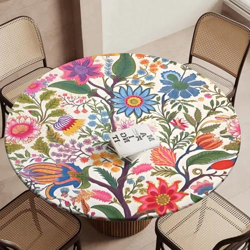 MELEYELIN Runde Tischdecke mit buntem Blumenmuster, mit elastischer Tischdecke, wasserdicht, abwischbar, runde elastische Tischdecke, 114,3 - 127 cm, runde Tischdecke für Picknick, Esszimmer, Outdoor von MELEYELIN