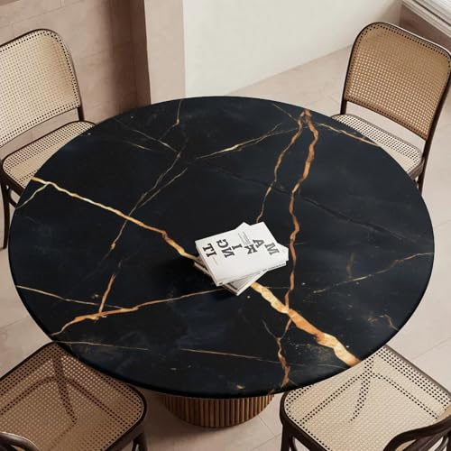 MELEYELIN Schwarze Marmor-Tischdecke mit elastischer Tischdecke, wasserdicht, abwischbar, runde elastische Tischdecke, 101,6 cm - 111,8 cm, runde Tischdecke für Picknick, Essen, Outdoor von MELEYELIN