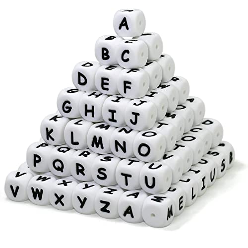 Melius 110 Stück Silikon-Buchstabenperlen 12 mm A-Z (extra für Vokalbuchstaben) gleichmäßige und präzise quadratische Buchstaben-Perlen von MELIUS