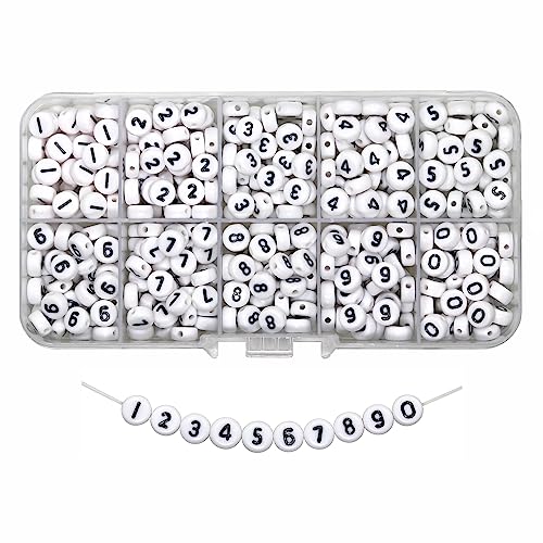 Melius 500 Stück Acryl-Zahlenperlen in 10 Gitter-Box für Schmuckherstellung, DIY-Halsketten, Schlüsselanhänger, Armbänder (4 x 7 mm Box, weiß) von MELIUS