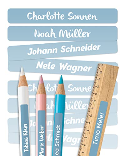 melu kids® Namensaufkleber Kinder für Schule & Kita (150 Stück, einfarbig) - Personalisierte Aufkleber mit Namen für Stifte und Schulsachen - Wasserfest in Spülmaschine - Blau von MELU Kids