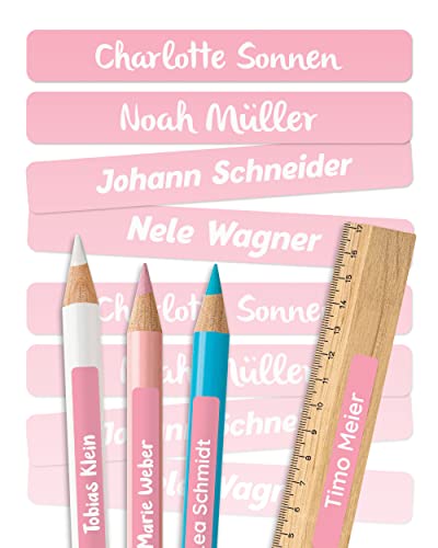 melu kids® Namensaufkleber Kinder für Schule & Kita (75 Stück, einfarbig) - Personalisierte Aufkleber mit Namen für Stifte und Schulsachen - Wasserfest in Spülmaschine - Rosa von MELU Kids