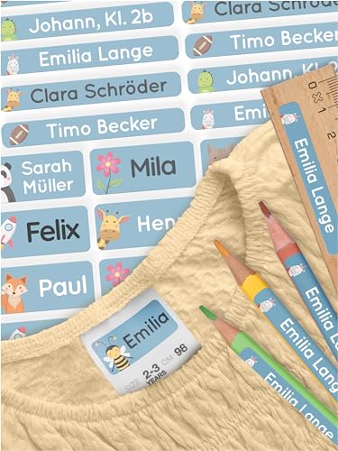 melu kids® Namensaufkleber Set Kinder für Schule Stifte - Kleidung & Gegenstände (140 Sticker) - Personalisierte wasserfeste Aufkleber in verschiedenen Größen (blau) von MELU Kids