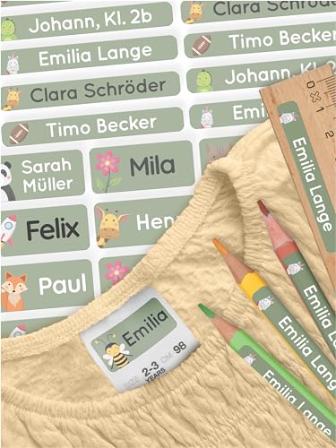 melu kids® Namensaufkleber Set Kinder für Schule Stifte - Kleidung & Gegenstände (140 Sticker) - Personalisierte wasserfeste Aufkleber in verschiedenen Größen (grün) von MELU Kids