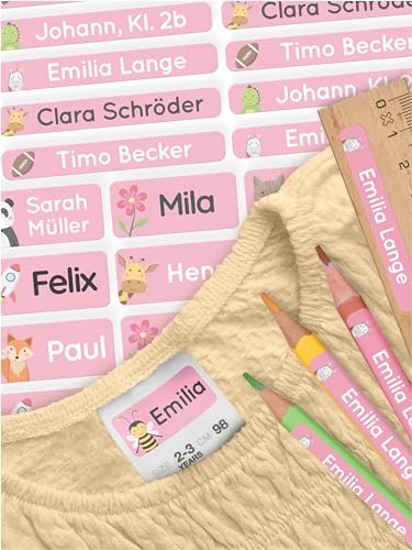 melu kids® Namensaufkleber Set Kinder für Schule Stifte - Kleidung & Gegenstände (140 Sticker) - Personalisierte wasserfeste Aufkleber in verschiedenen Größen (rosa) von MELU Kids