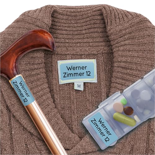 Wäscheetiketten für Pflegeheime & Altenheime (60 Stück, Blau) - Namensschilder für Kleidung und Gegenstände sind waschmaschinenfest, Personalisiert zum Aufkleben von MELU Kids