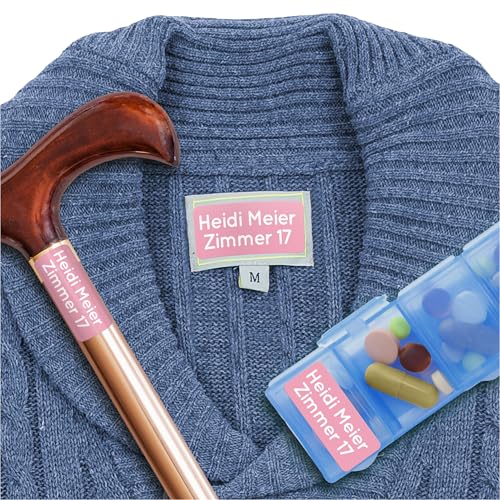 Wäscheetiketten für Pflegeheime & Altenheime (60 Stück, Rosa) - Namensschilder für Kleidung und Gegenstände sind waschmaschinenfest, Personalisiert zum Aufkleben von MELU Kids