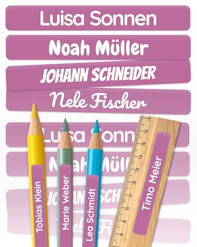melu kids® Namensaufkleber Kinder für Schule & Kita (150 Stück) - Personalisierte Aufkleber mit Namen für Stifte und Schulsachen - Wasserfest in Spülmaschine - Lila von MELU Kids