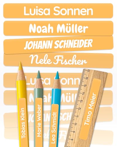 melu kids® Namensaufkleber Kinder für Schule & Kita (150 Stück) - Personalisierte Aufkleber mit Namen für Stifte und Schulsachen - Wasserfest in Spülmaschine - Orange von MELU Kids