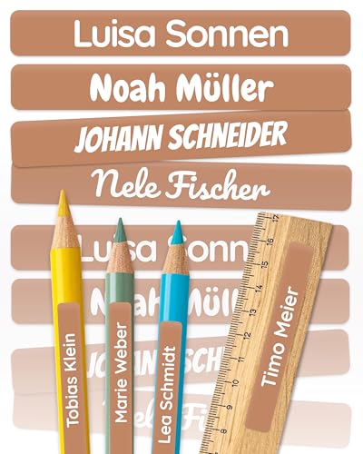 melu kids® Namensaufkleber Kinder für Schule & Kita (225 Stück) - Personalisierte Aufkleber mit Namen für Stifte und Schulsachen - Wasserfest in Spülmaschine - Braun von MELU Kids