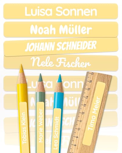 melu kids® Namensaufkleber Kinder für Schule & Kita (225 Stück) - Personalisierte Aufkleber mit Namen für Stifte und Schulsachen - Wasserfest in Spülmaschine - Gelb von MELU Kids