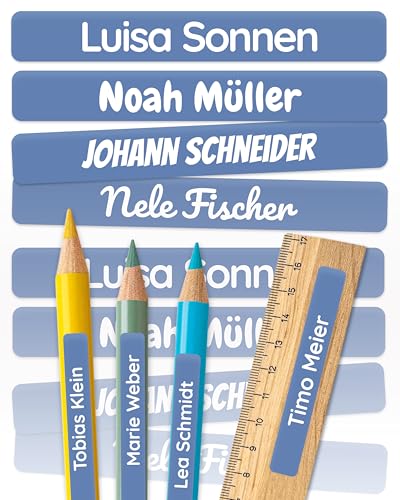 melu kids® Namensaufkleber Kinder für Schule & Kita (75 Stück) - Personalisierte Aufkleber mit Namen für Stifte und Schulsachen - Wasserfest in Spülmaschine - Dunkelblau von MELU Kids