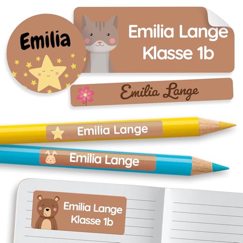 melu kids® Namensaufkleber Set für Kinder in der Schule (100 Stück) - Personalisierte Aufkleber mit Namen für Schulsachen - Wasserfest und in verschiedenen Größen - braun von MELU Kids