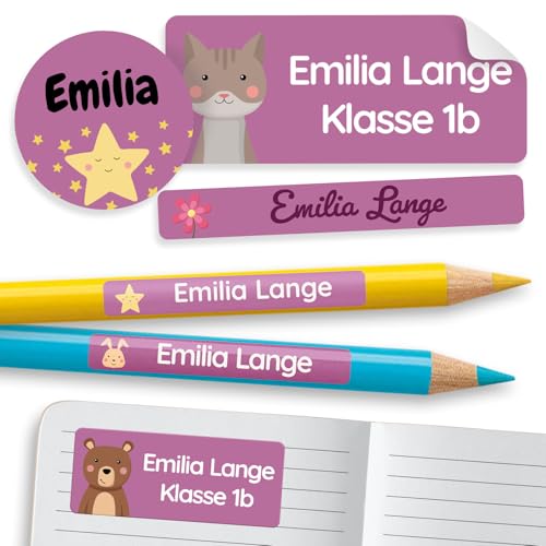 melu kids® Namensaufkleber Set für Kinder in der Schule (100 Stück) - Personalisierte Aufkleber mit Namen für Schulsachen - Wasserfest und in verschiedenen Größen - lila von MELU Kids