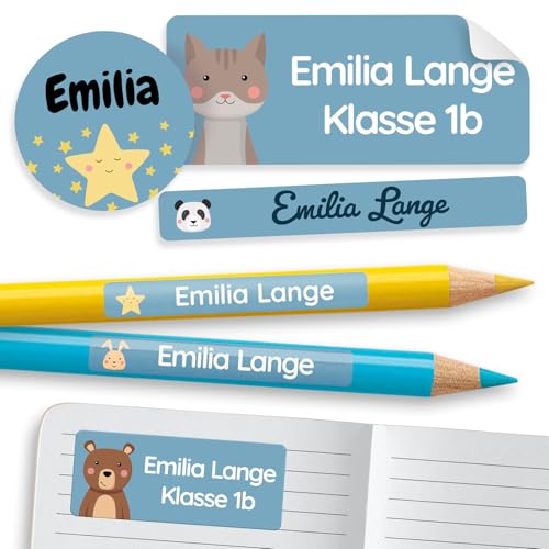 melu kids® Namensaufkleber Set für Kinder in der Schule (150 Stück) - Personalisierte Aufkleber mit Namen für Schulsachen - Wasserfest und in verschiedenen Größen - blau von MELU Kids