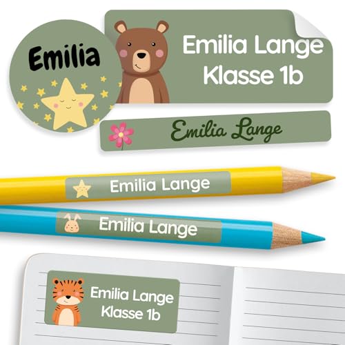 melu kids® Namensaufkleber Set für Kinder in der Schule (150 Stück) - Personalisierte Aufkleber mit Namen für Schulsachen - Wasserfest und in verschiedenen Größen - grün von MELU Kids