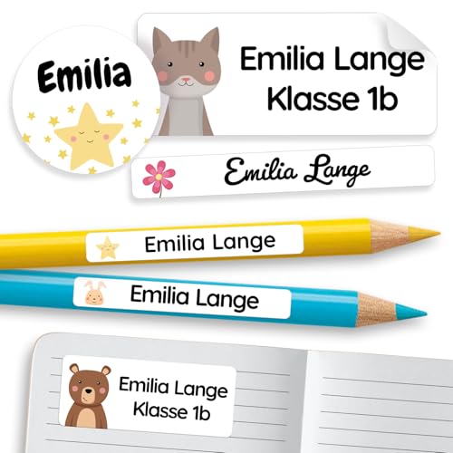 melu kids® Namensaufkleber Set für Kinder in der Schule (150 Stück) - Personalisierte Aufkleber mit Namen für Schulsachen - Wasserfest und in verschiedenen Größen - weiß von MELU Kids
