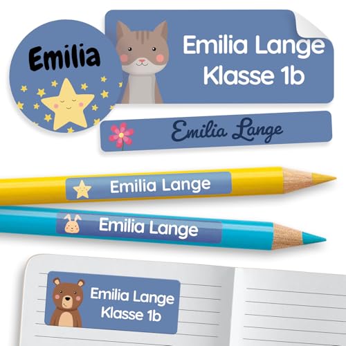 melu kids® Namensaufkleber Set für Kinder in der Schule (300 Stück) - Personalisierte Aufkleber mit Namen für Schulsachen - Wasserfest und in verschiedenen Größen - dunkelblau von MELU Kids