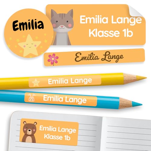 melu kids® Namensaufkleber Set für Kinder in der Schule (300 Stück) - Personalisierte Aufkleber mit Namen für Schulsachen - Wasserfest und in verschiedenen Größen - orange von MELU Kids