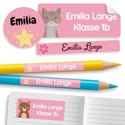melu kids® Namensaufkleber Set für Kinder in der Schule (300 Stück) - Personalisierte Aufkleber mit Namen für Schulsachen - Wasserfest und in verschiedenen Größen - rosa von MELU Kids