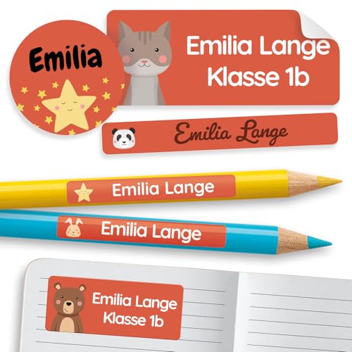 melu kids® Namensaufkleber Set für Kinder in der Schule (300 Stück) - Personalisierte Aufkleber mit Namen für Schulsachen - Wasserfest und in verschiedenen Größen - rot von MELU Kids