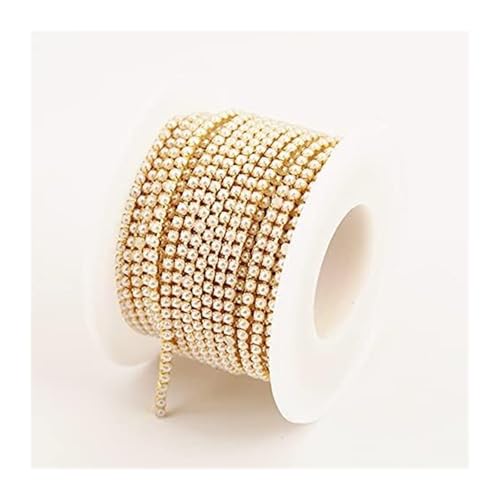 Strass-Applikation, 2 mm, 3 Yards, goldfarbene Perlen, Glas, dichte Kette, Besatz for Kleidung, Kristall(Gold Pearl) von MELY