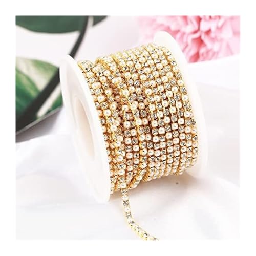 Strass-Applikation, 2 mm, 3 Yards, goldfarbene Perlen, Glas, dichte Kette, Besatz for Kleidung, Kristall(Gold Pearl Crystal) von MELY