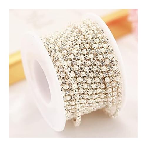 Strass-Applikation, 2 mm, 3 Yards, goldfarbene Perlen, Glas, dichte Kette, Besatz for Kleidung, Kristall(Sliver Pearl Crystal) von MELY
