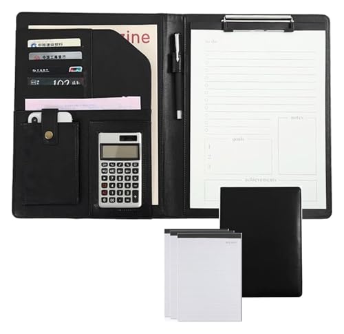 Konferenz-Portfolio-Ordner, Brieftaschen, Ordner, Klemmbrett-Ordner, Leder-Aufbewahrung, Klemmbrett, Dokumenten-Organizer mit Notizbuch for Taschenrechner, Büro(Black) von MEMEM