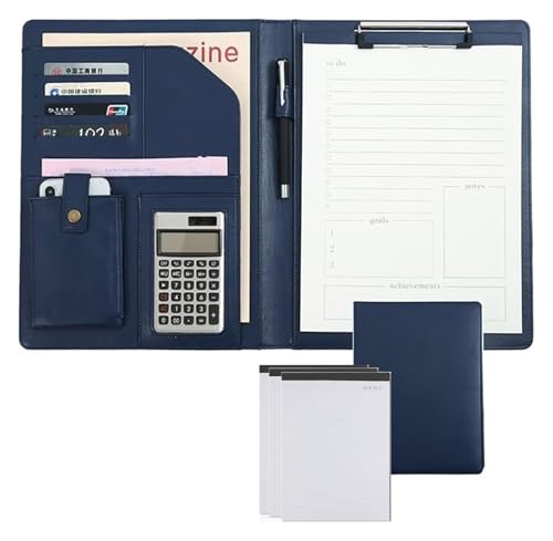 Konferenz-Portfolio-Ordner, Brieftaschen, Ordner, Klemmbrett-Ordner, Leder-Aufbewahrung, Klemmbrett, Dokumenten-Organizer mit Notizbuch for Taschenrechner, Büro(Blue) von MEMEM