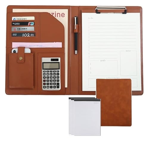 Konferenz-Portfolio-Ordner, Brieftaschen, Ordner, Klemmbrett-Ordner, Leder-Aufbewahrung, Klemmbrett, Dokumenten-Organizer mit Notizbuch for Taschenrechner, Büro(Brown) von MEMEM