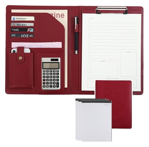 Konferenz-Portfolio-Ordner, Brieftaschen, Ordner, Klemmbrett-Ordner, Leder-Aufbewahrung, Klemmbrett, Dokumenten-Organizer mit Notizbuch for Taschenrechner, Büro(Red) von MEMEM