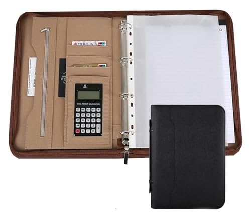 Konferenz-Portfolio-Ordner-Hüllen, mit Reißverschluss, 4-Ring-Organizer, Lederordner, Präsentationsschlitz, Taschenrechner for Fotohalter, Stifthalter, Ordner(Black) von MEMEM