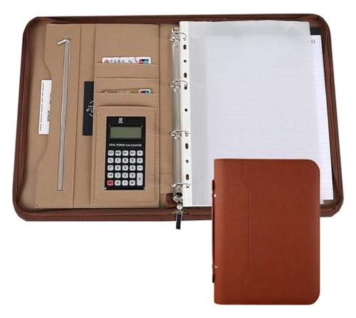Konferenz-Portfolio-Ordner-Hüllen, mit Reißverschluss, 4-Ring-Organizer, Lederordner, Präsentationsschlitz, Taschenrechner for Fotohalter, Stifthalter, Ordner(Brown) von MEMEM