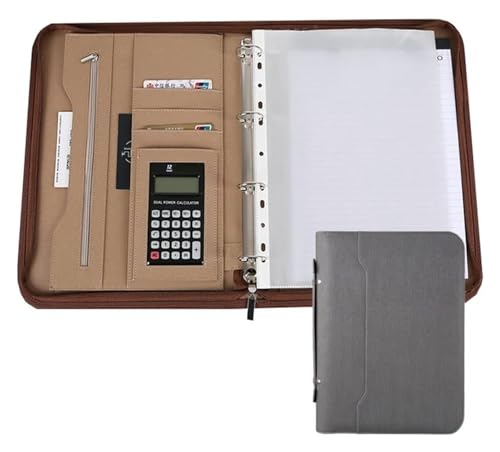 Konferenz-Portfolio-Ordner-Hüllen, mit Reißverschluss, 4-Ring-Organizer, Lederordner, Präsentationsschlitz, Taschenrechner for Fotohalter, Stifthalter, Ordner(Grey) von MEMEM