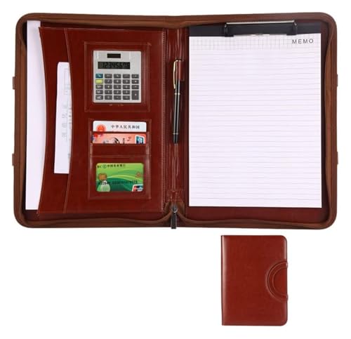 Konferenzmappen-Hüllen, Tragbare Konferenzmappe A4, Dokumenten-Organizer Aus Leder Mit Reißverschluss, Klemmbrett, Taschenrechner Und Tragbarem Griff(Brown) von MEMEM