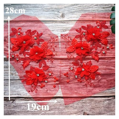 MEMEM 3D-Stickerei-Spitzen-Applikationen, 3D-Blumen-Spitzenstoff, Perlen, Strass-Stickereien, Kleider-Applikationen, Aufnäher(Red) von MEMEM