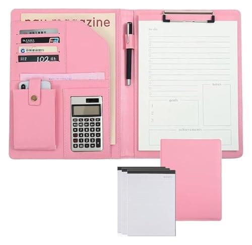 MEMEM Konferenz-Portfolio-Ordner, Brieftaschen, Ordner, Klemmbrett-Ordner, Leder-Aufbewahrung, Klemmbrett, Dokumenten-Organizer mit Notizbuch for Taschenrechner, Büro(PINK) von MEMEM
