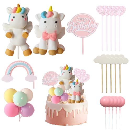 20 Stück Regenbogen-Pferd-Kucheneinsätze, Happy Birthday-Kuchendekoration, Regenbogen-Kuchendekoration, Wiederverwendbar, Geburtstagsdekoration, Mädchen-Junge-Kuchendekoration (Rosa) von MEMOFYND