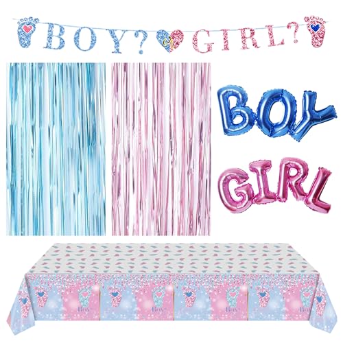 6-Teiliges Gender-Reveal-Set, Fußabdruck-Flagge, Tischdecke, Regenvorhang-Hintergrund, Folienballons, Wiederverwendbare Jungen- Und Mädchen-Partydekorationen (Rosa Blau) von MEMOFYND